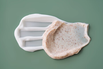 A smear of white cream and a scrub on a green background.
