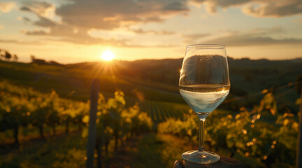 Wine Glass in Vineyard at Sunset with Lush Greenery and Golden Sunlight
