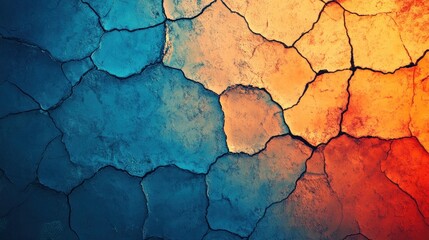 Dynamic crackle effect on a vibrant gradient surface, blending electric blues and fiery oranges, high-resolution macro texture with HDR lighting