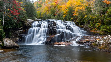 A serene waterfall surrounded by autumn foliage and peaceful streams.