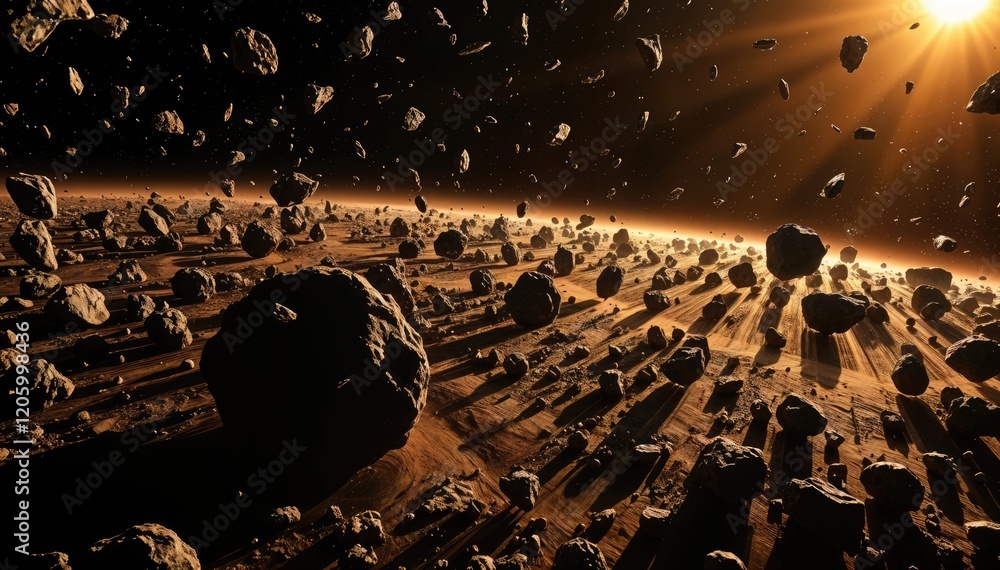 Poster asteroid field: breathtaking view of countless space rocks and celestial bodies