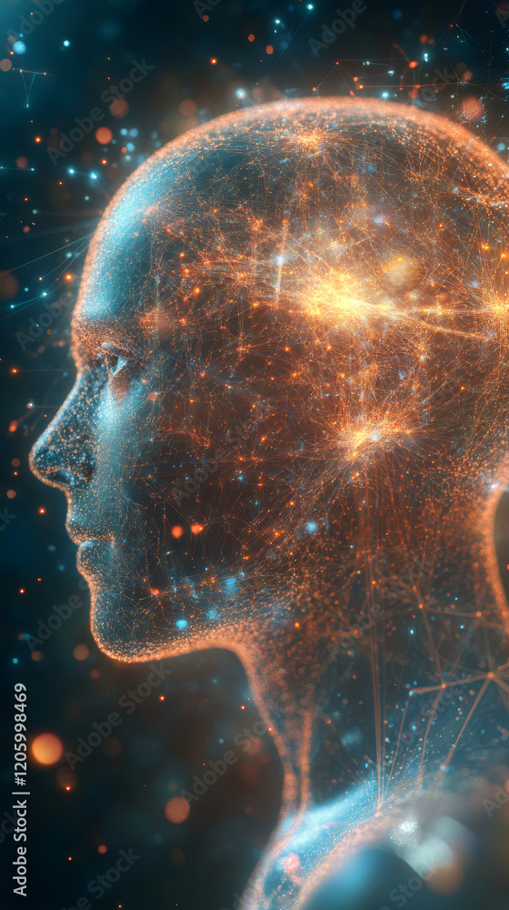 Poster illuminating human head in profile view, complex network of connections represents artificial intell