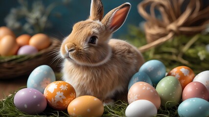 Easter bunny with colorful eggs basket