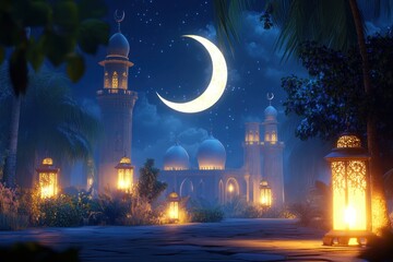 Tranquil Ramadan night with crescent moon and ornate mosques illuminated by glowing lanterns in a peaceful celebration