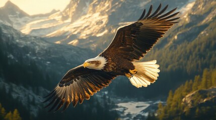 Eagle soaring over mountain valley.