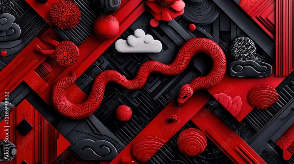 Poster abstract modern art with red and black patterns featuring snake motifs and textured elements