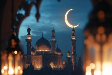 Ramadan night filled with tranquility and beauty under a crescent moon, featuring ornate mosques and glowing lanterns
