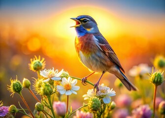 Fototapeta premium Golden Sunrise Songbird Serenading Wildflowers - Vibrant Nature Photography