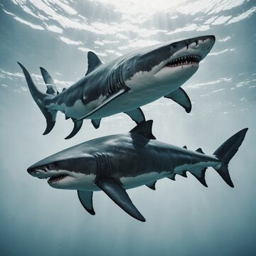 "A two-headed shark in a fantasy style against white."