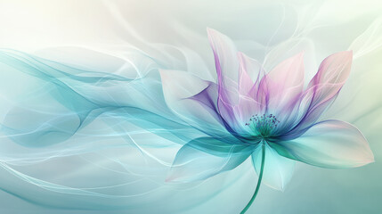 Fototapeta premium A surreal botanical design, a translucent flower with multi-colored layers of petals in shades of teal, lavender