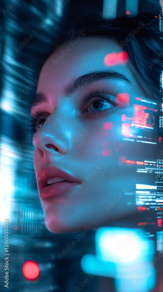 Aufkleber close-up of woman programmer coding in virtual reality with futuristic interface and augmented reali