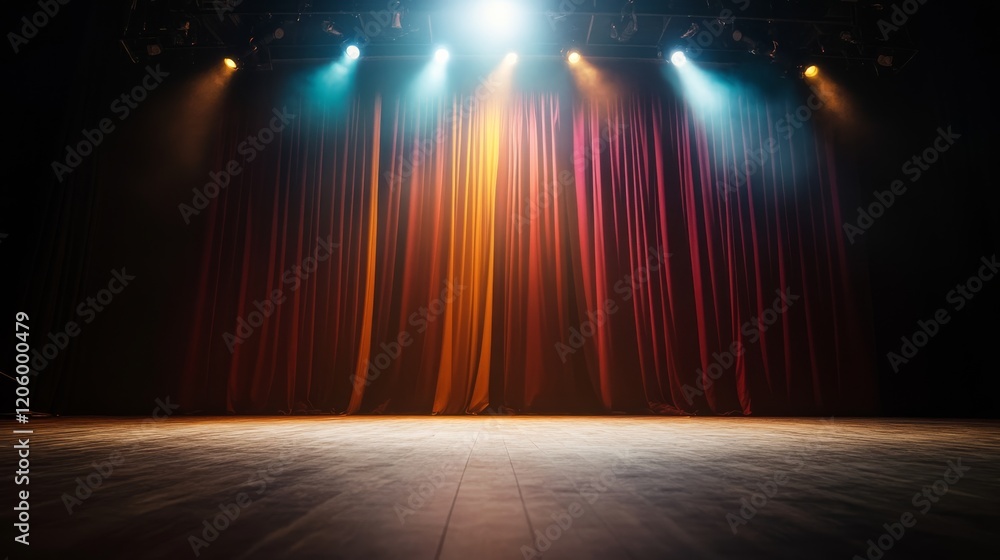 Poster a bright spotlight shines on an empty stage, illuminating vibrant draped backdrops. soft beams of li