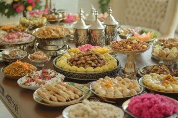 Vibrant Iftar spread featuring an array of traditional and modern dishes on a communal table, celebrating family traditions during Ramadan gatherings