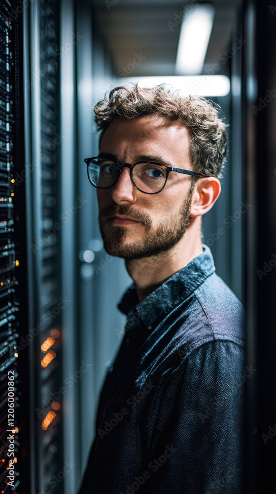 Aufkleber it technician managing operations in a bustling server room, overseeing the intricate systems of a m