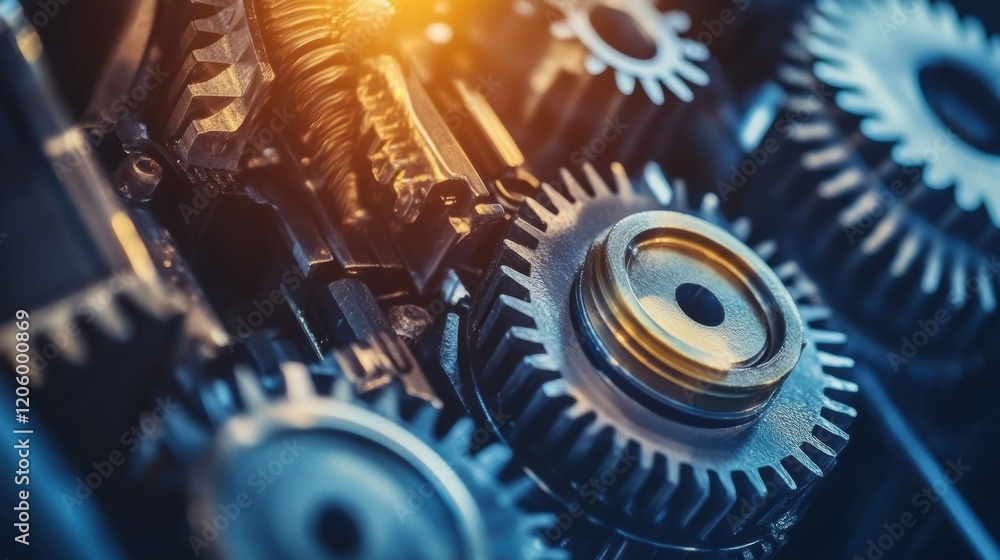 Poster capturing a network of gears in various sizes and materials, engaging in seamless rotation under war