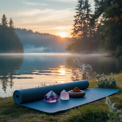 Serene Landscape with Yoga Mat by Peaceful Sunrise Lake