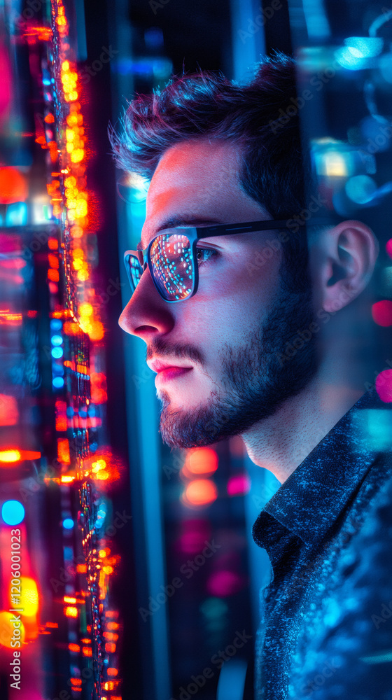 Poster IT specialist analyzing server performance, ensuring efficient data management and network security in modern data center