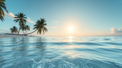 A picturesque tropical paradise with swaying palm trees framing a pristine beach, where the turquoise ocean meets the golden sand under a vibrant summer sky