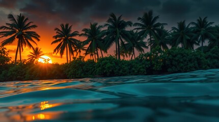 Sunset casts a golden glow over the tranquil ocean, where palm trees sway gently on a pristine beach