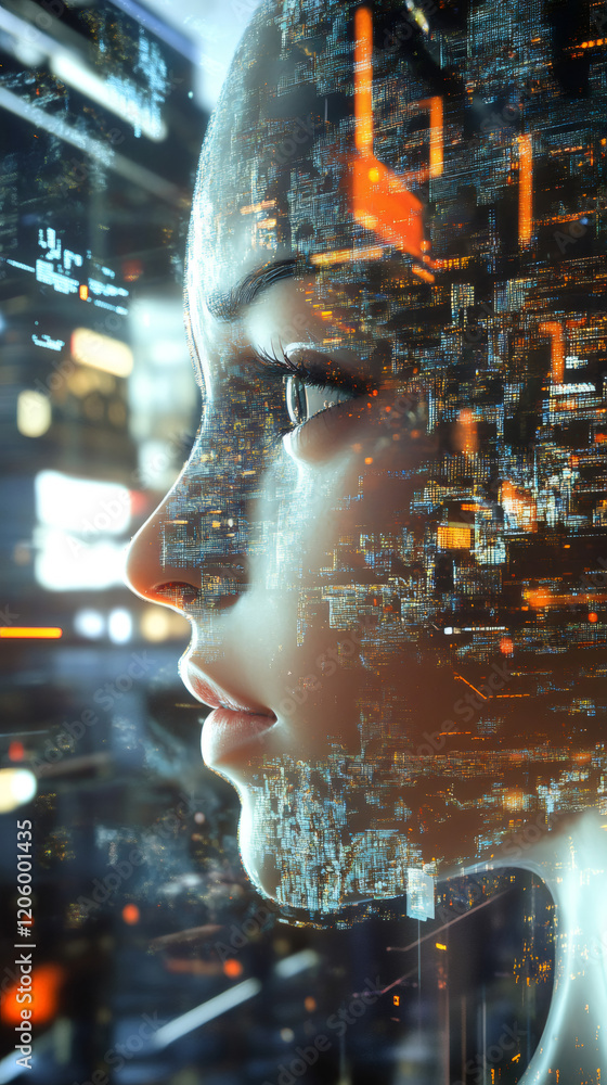 Leinwandbilder artificial intelligence forming inside woman face merging with electronic circuit and cityscape, con