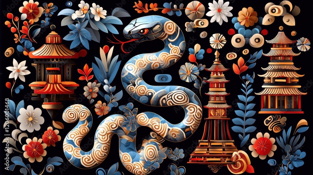 Poster Vibrant Design of a Snake Symbolizing the Year with Floral Elements in a Colorful Pattern