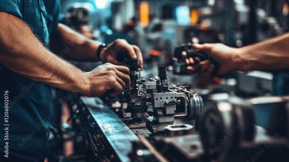Poster close up of factory workers' hands assembling machine parts on a production line, showcasing the pre