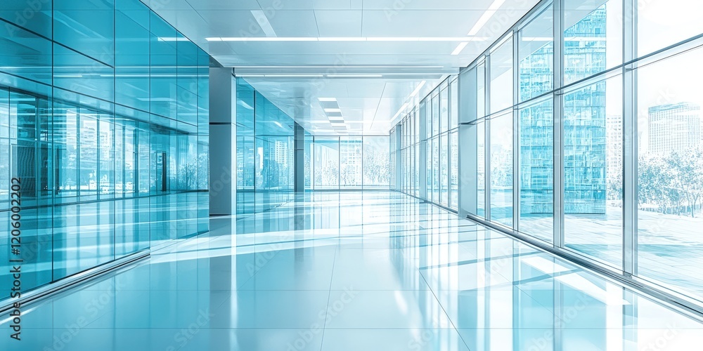Poster modern, sleek office space with open layouts, glass partitions, and advanced technology, creating a 