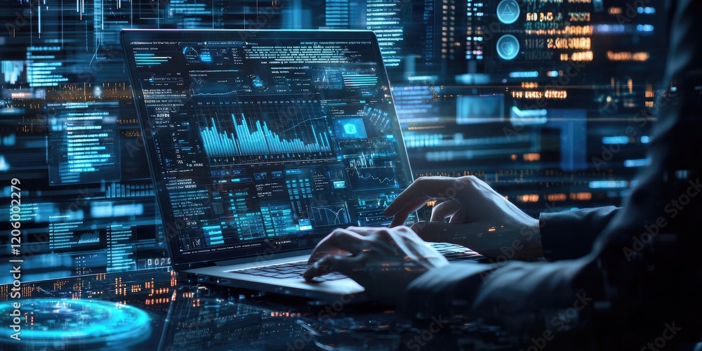 Poster corporate accountant analyzing financial statements on a laptop, with precise figures and detailed c