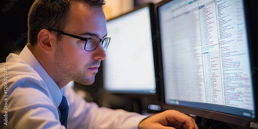 Poster Financial analyst examining data protection protocols on a  ecure digital platform with a comprehensive interface.