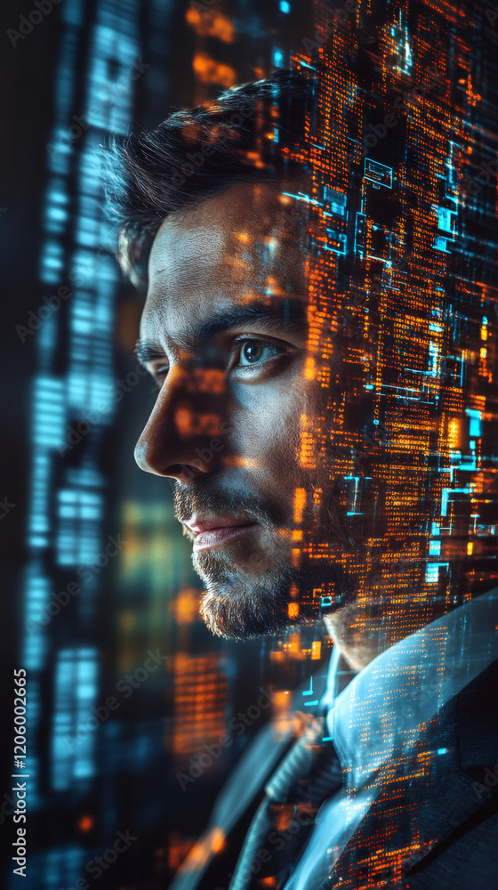 Poster portrait of a businessman analyzing computer code displayed in augmented reality, immersing in futur