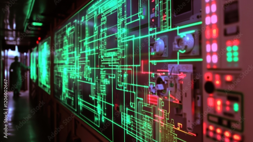 Poster glowing green lines depict a complex electrical circuit on a large display panel within a manufactur