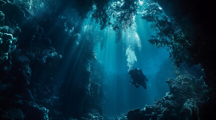 Obraz premium Deep Sea Diver Exploring Underwater Cave with Sunlight Beams
