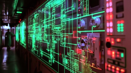Fototapeta premium Glowing green lines depict a complex electrical circuit on a large display panel within a manufacturing facility, suggesting advanced technological processes and industrial automation