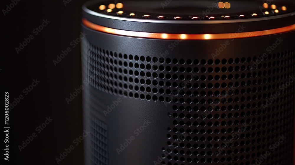 Poster Close-up view of a smart speaker featuring LED alerts and voice command, demonstrating IoT integration in everyday life.