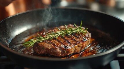 Grilled steak garnished with rosemary.