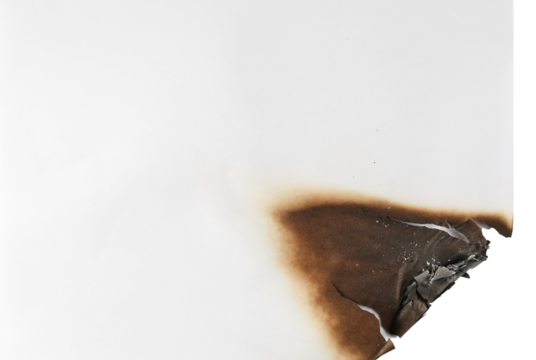 Burnt paper scrap isolated on white background, top view