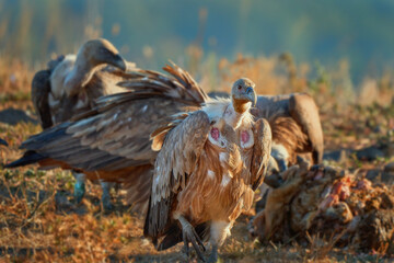 Griffon vulture (Gyps fulvus) a large bird of prey. Wild vultures in the mountains of Bulgaria. Madzharovo, Eastern Rhodopes. Scavengers feed at sunrise. Wild live scene in nature.