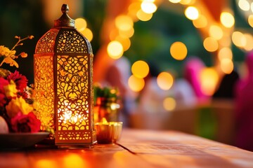 Warm and inviting Ramadan gathering with family celebrating Iftar under glowing lanterns and beautiful decorations