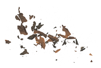 Burned and charred paper scraps isolated on white background, top view