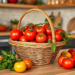 Basket of fresh tomatoes, on a wooden table in the kitchen.