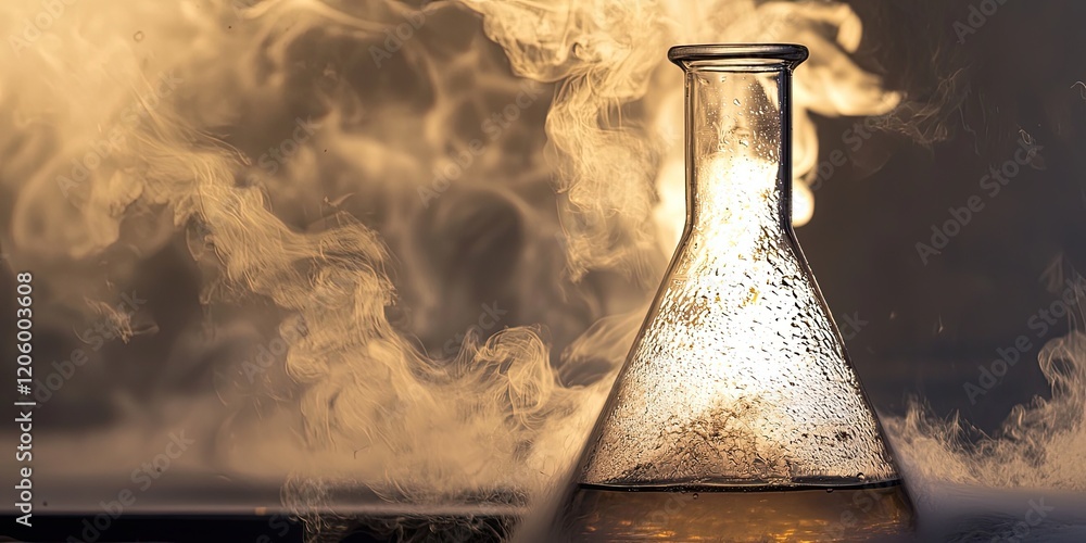Aufkleber an exothermic reaction in a flask, with heat waves distorting the air and steam rising from the solu