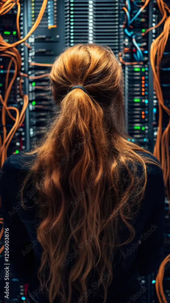 Leinwandbilder rear view of network engineer with long hair working in server room with cables and flashing lights