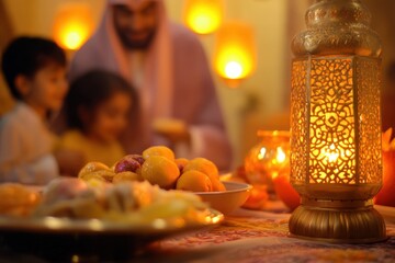 Gathering for Iftar with family in a warm Ramadan setting filled with lanterns and colorful treats