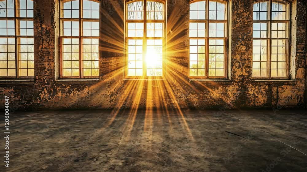 Poster sunlight streaming through old windows in a rustic abandoned building during sunset