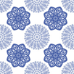 blue and white ethnic floral ceramic Arabic mandala motif seamless pattern for wallpaper, textile, carpet and tile