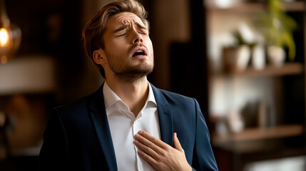 Fototapeta premium Man touching his chest in pain - myocardial infarction, panic or heart attack