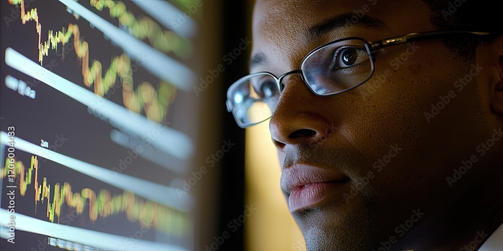 Poster financial analyst examining international market data on an interactive, comprehensive digital platf
