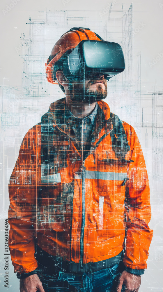 Poster construction engineer using vr headset to visualize a building project, concept of innovation in the