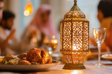 Gathering of family at Iftar with warm lantern light and delicious food during Ramadan celebration