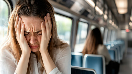 Woman crying in bus - panic attack or mental problems